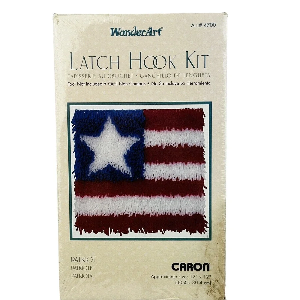 WonderArt Caron 4700 Patriot Latch Hook Kit 12x12 Red‎ White Blue Flag Made USA